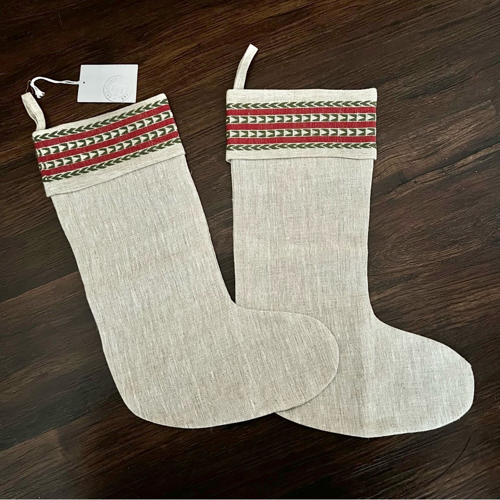 Festive Linen Stockings with Red and Green Trim